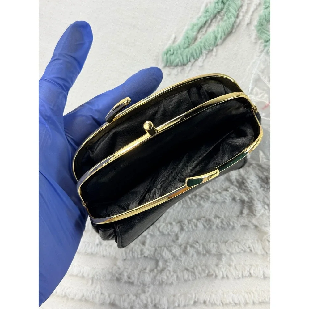 Classic Black Sheep Leather Dual Clasp Large Coin Purse Gold Hardware USN-6573